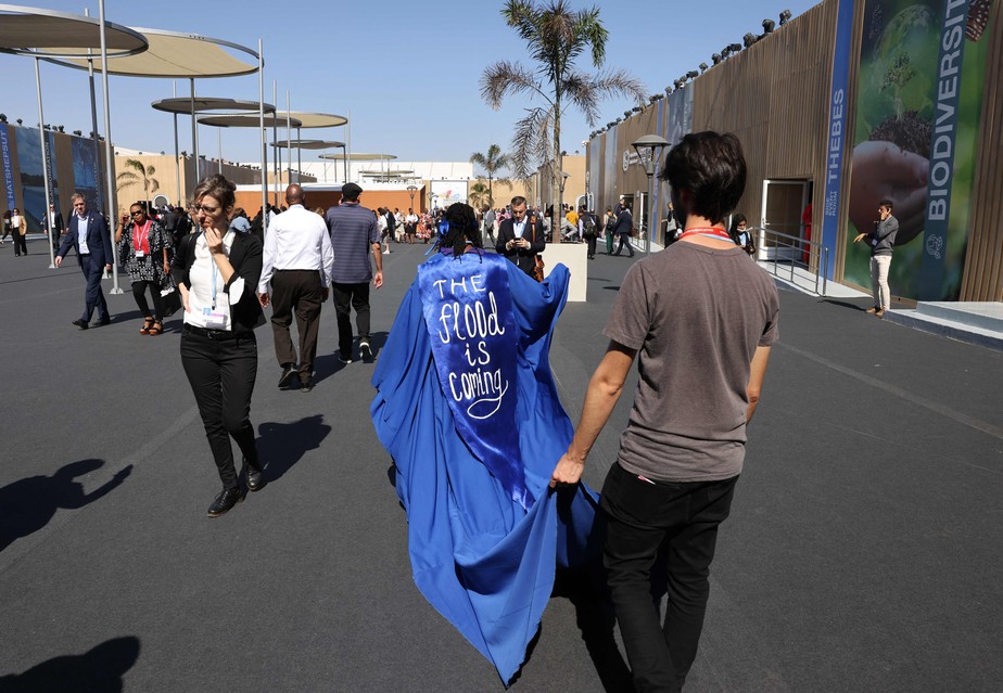 Mulher usa vestido com a frase 'a inundação está vindo' durante a COP27