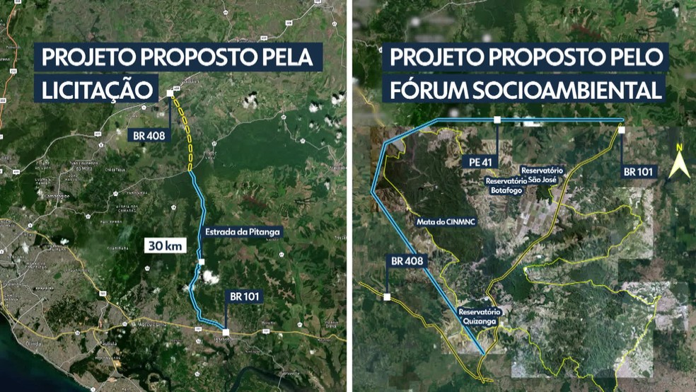 Imagem mostra diferença entre projeto proposto pelo edital de licitação e projeto sugerido pelo Fórum Socioambiental de Aldeia — Foto: Reprodução/TV Globo