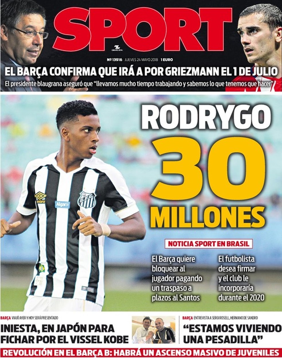 Rodrygo Ã© capa do jornal espanhol Sport (Foto: ReproduÃ§Ã£o)