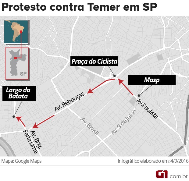 Mapa do protesto contra Temer em São Paulo (Foto: Editoria de Arte/G1)