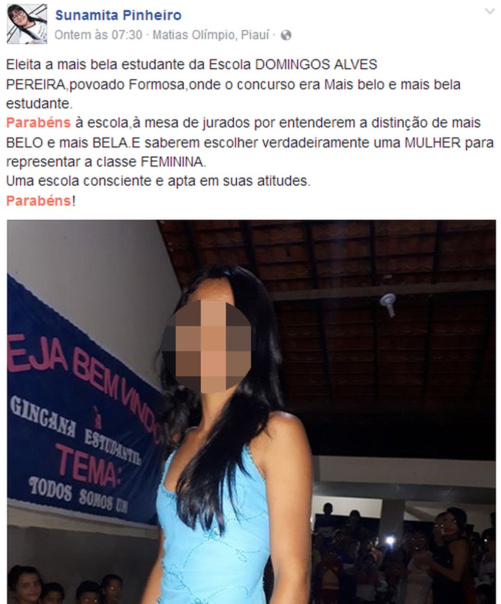 Postagem da secretária parabeniza escola que elegeu garoto e garota no concurso (Foto: Reprodução/Facebook)