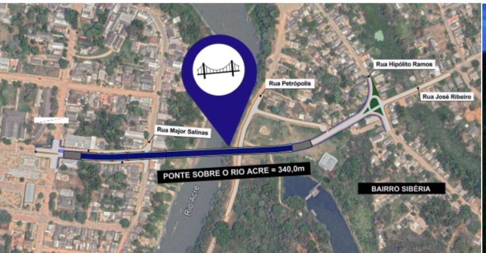 Arte mostra como será a ponte que vai ligar as áreas de Xapuri — Foto: Arquivo/Deracre