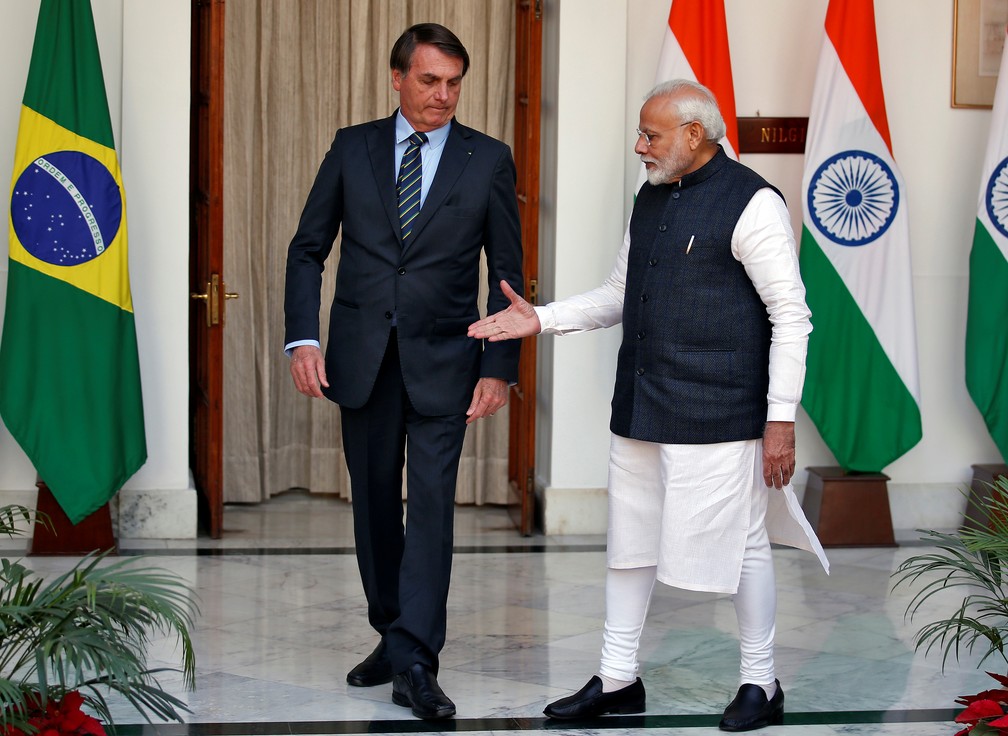 O presidente brasileiro Jair Bolsonaro e o premiê Narendra Modi em Nova Déli, neste sábado (25) — Foto: REUTERS/Altaf Hussain