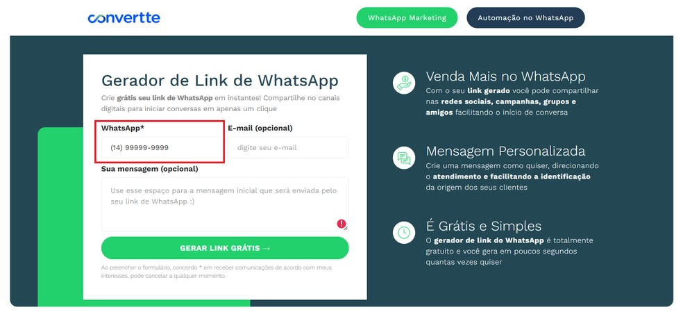 Campo para inserir o número do WhatsApp com DDD no site Convertte  — Foto: Reprodução/Caroline Silvestre