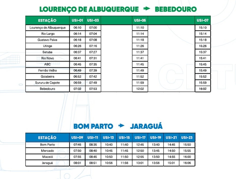 Horários de trens e VLTs partindo de Lourenço de Albuquerque e do Bom Parto, aos sábados — Foto: Reprodução