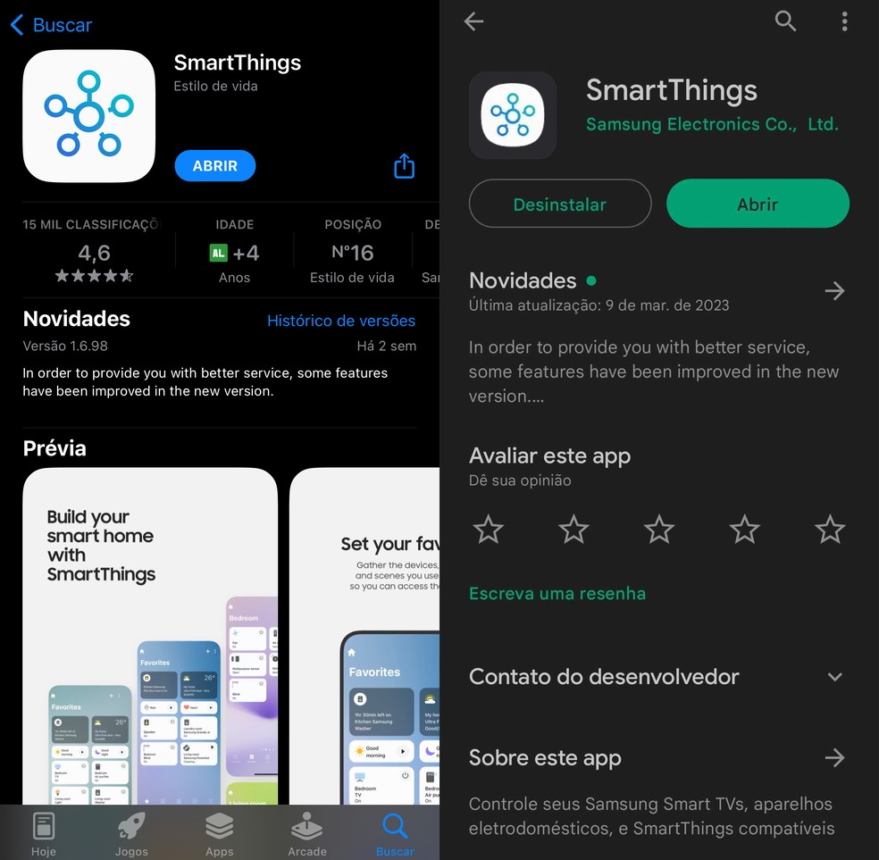 Para usar o app SmartThings, basta baixá-lo na App Store ou Google Play Store — Foto: Reprodução/TechTudo
