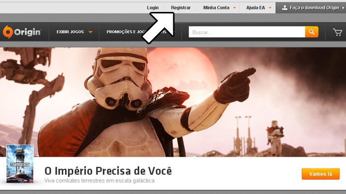 A opção para se registrar na loja digital Origin fica um pouco escondida no topo do site (Foto: Reprodução/Rafael Monteiro)