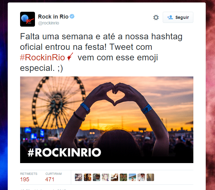 Tuítes com a hashtag do Rock In Rio exibem emoji customizado para o festival (Foto: Reprodução/Twitter)
