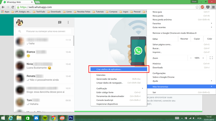 WhatsApp Web pode ser fixado na barra de tarefas do Windows através do menu do Google Chrome (Foto: Reprodução/Elson de Souza)