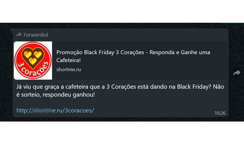 Promoção no WhatsApp que oferece cafeteira 3 Corações é fake; golpe circula em datas comemorativas, como Black Friday e Dia Internacional da Mulher — Foto: Reprodução/WhatsApp