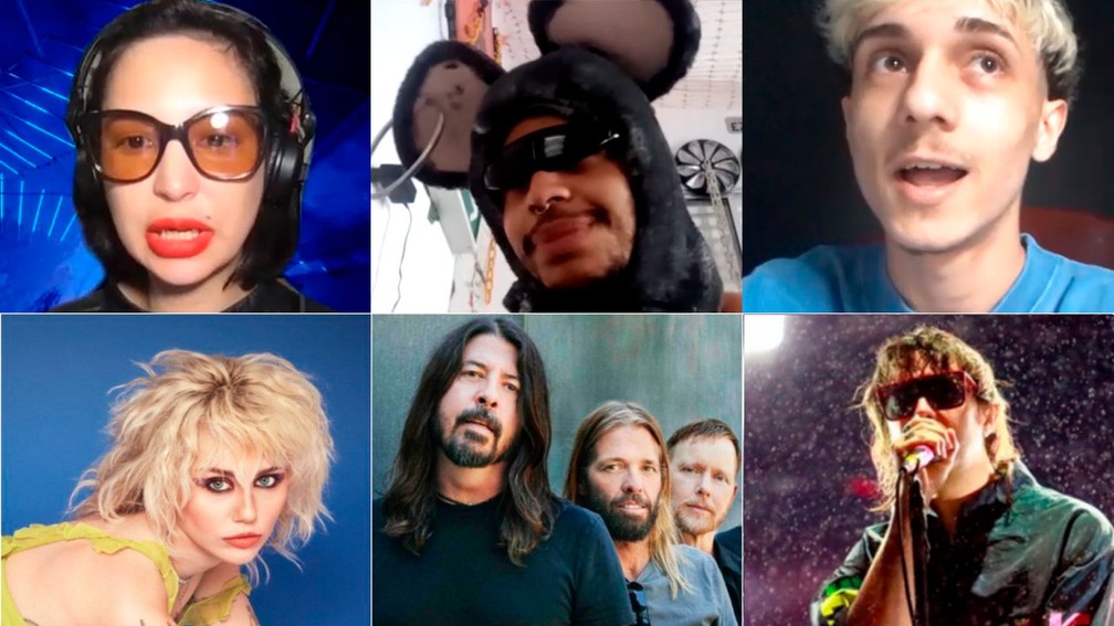 Acima: DJ Nikkatze, Rato Distópico e Anjo Emo. Abaixo: Miley Cyrus, Foo Fighters e Strokes, atrações do Lollapalooza 2022 — Foto: Divulgação