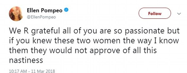 O tuíte de Ellen Pompeo pelo qual a atriz foi chamada de desrespeitosa em relação às suas amigas demitidas em Grey's Anatomy (Foto: Twitter)