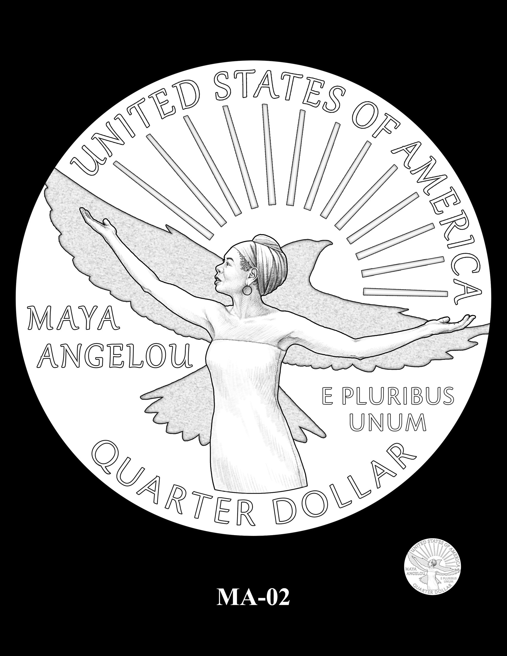 Outro design candidato a estampar a moeda da poetisa Maya Angelou, ícone da luta pela igualdade racial nos EUA (Foto: U.S Mint)