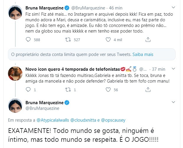 Bruna Marquezine fala sobre Mari ao fazer campanha para Manu no BBB 20 (Foto: Reprodução/Twitter)
