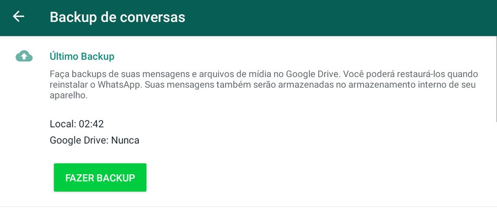 Configuração de backup do WhatsApp permite recuperar conversas em um novo aparelho. — Foto: Reprodução