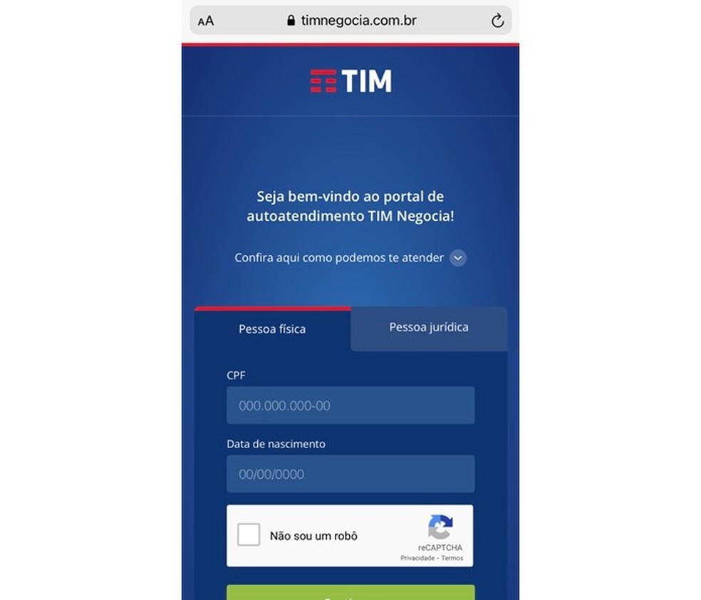 No TIM Negocia, é preciso entrar informando CPF e data de nascimento — Foto: Reprodução/Letícia Conde