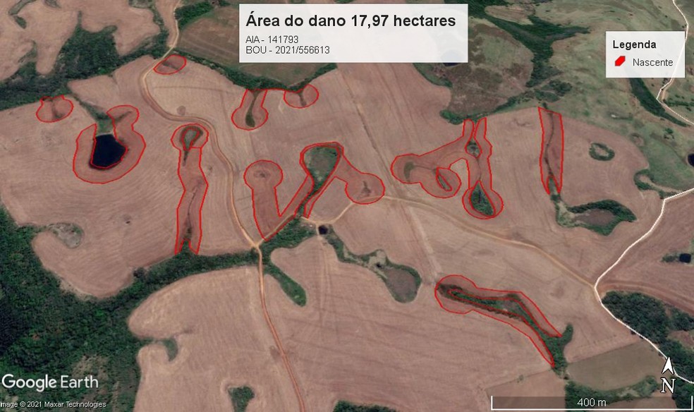 Imagem de satélite mostra áreas de nascentes — Foto: Polícia Ambiental