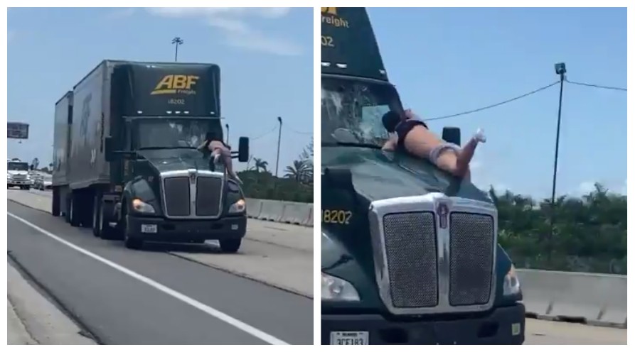 O homem atacando caminhão pendurado em capô em uma rodovia da Flórida, nos EUA (Foto: Twitter)