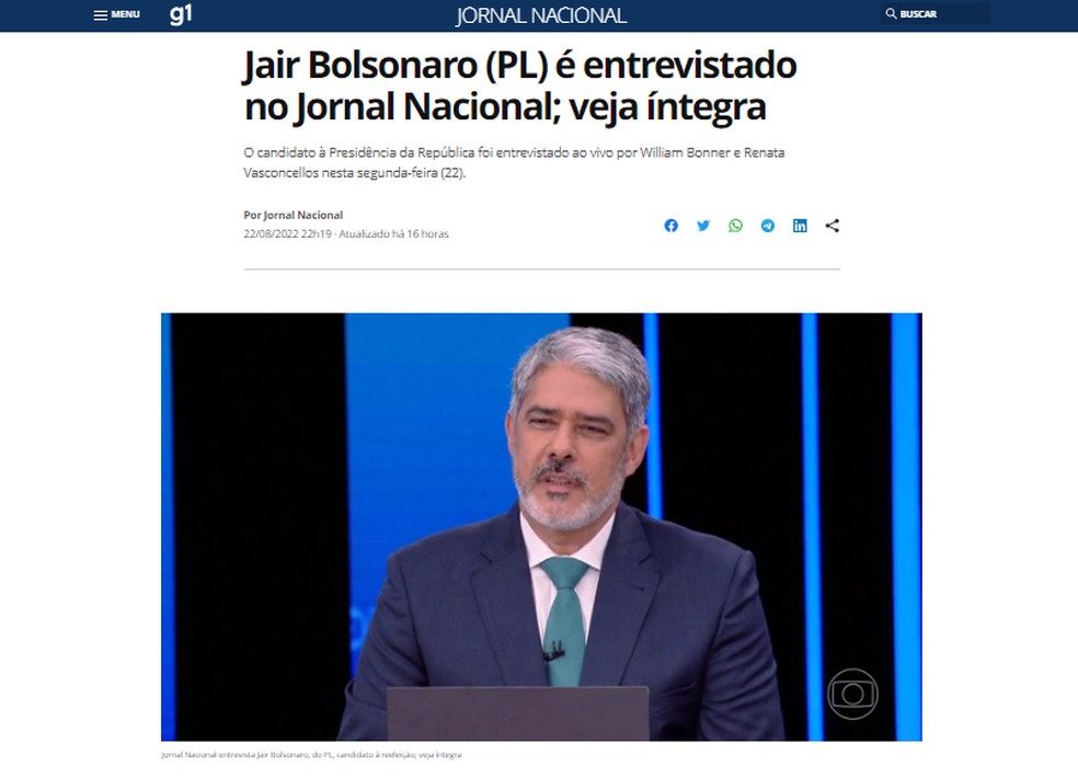 Entrevista de Jair Bolsonaro no Jornal Nacional está disponível na íntegra no G1 — Foto: Reprodução/Rodrigo Fernandes