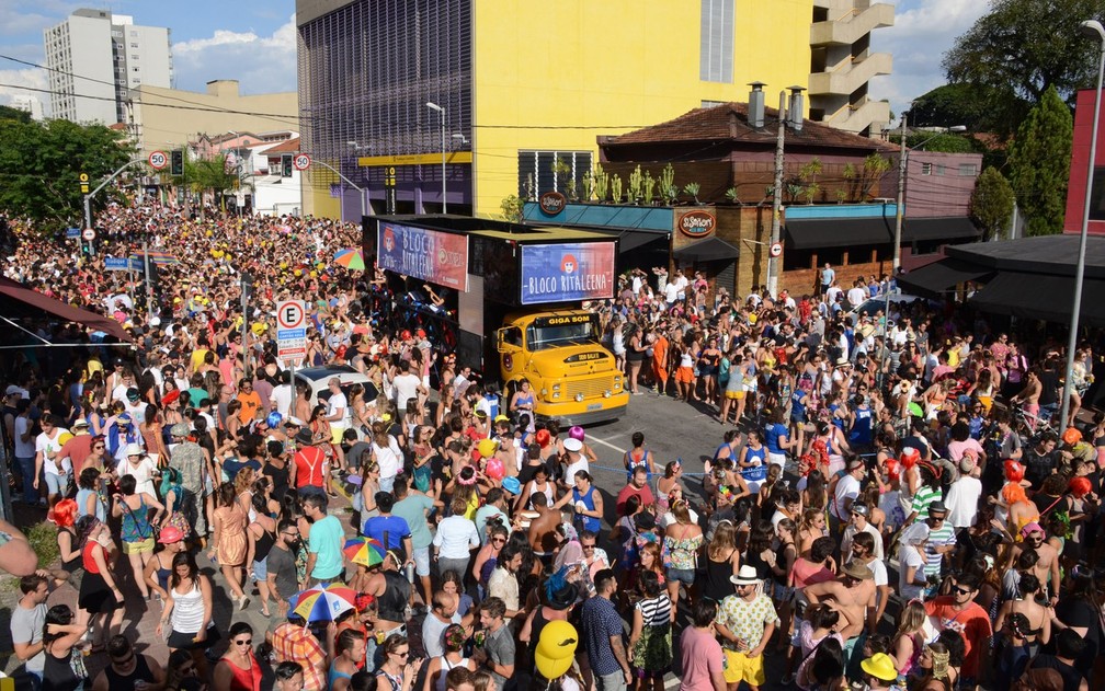 Foliões seguem o Bloco da Ritaleena pela rua dos Pinheiros, na zona oeste de São Paulo (Foto: J. Duran Machfee / Estadão Conteúdo )