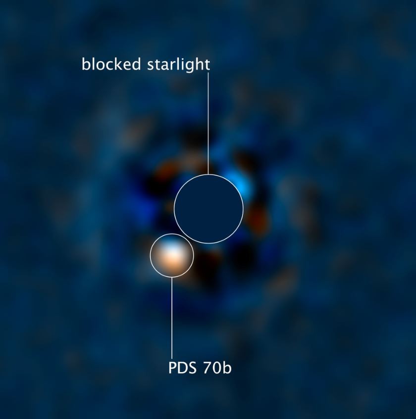 L'osservazione del telescopio Hubble oscura la luminosità della stella centrale in modo che il PDS 70b possa essere osservato direttamente (Foto: Joseph Depasqual (STScI))