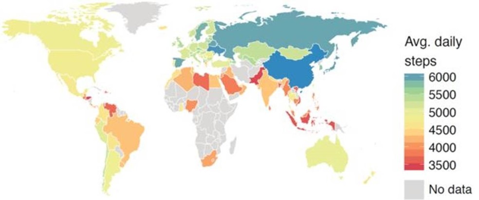 Mapa em inglês com os países mais preguiçosos (perto do vermelho) e os mais ativos (perto do azul escuro), com base no número de passos diários (Foto: Tim Althoff)
