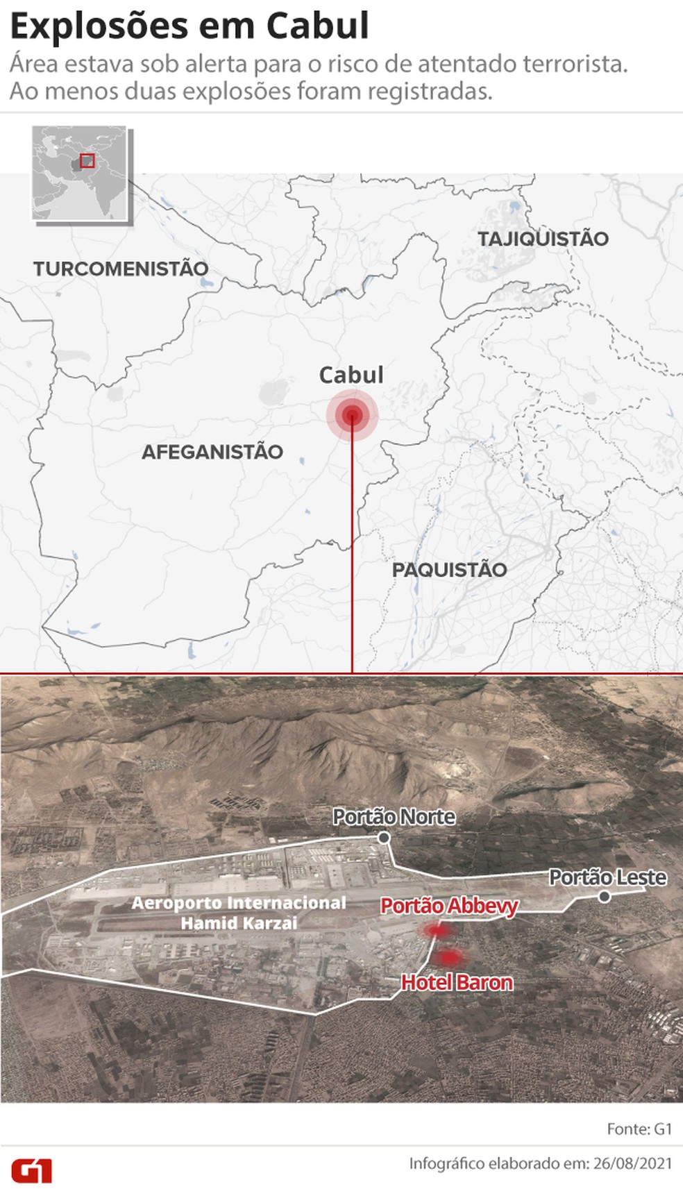 Mapa identifica área das explosões próximas ao aeroporto de Cabul em 26 de agosto de 2021 — Foto: Arte G1