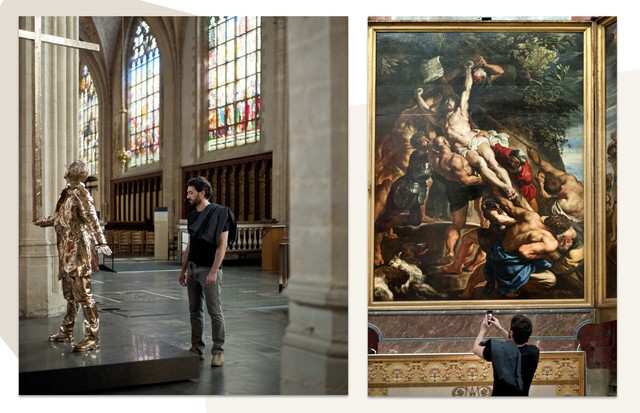 À esquerda, Lorenzo na Catedral de Nossa Senhora, observando a escultura de Jan Fabre. Ao lado, fotografando p quadro "A Descida da Cruz" de Peter Paul Rubens (Foto: Reprodução)