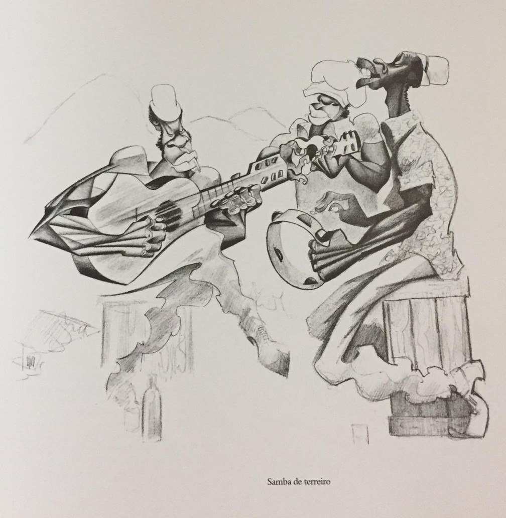 O samba foi um dos temas explorados pelo cartunista Lan durante sua carreira — Foto: Livro 'As Escolas de Lan' / Reprodução