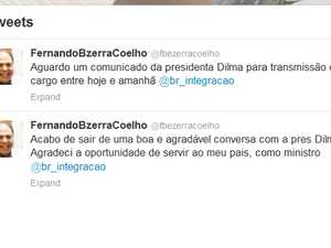No Twitter, Fernando Bezerra disse que espera comunicado da presidente Dilma Rousseff para transmissão do cargo (Foto: Reprodução/Twitter)