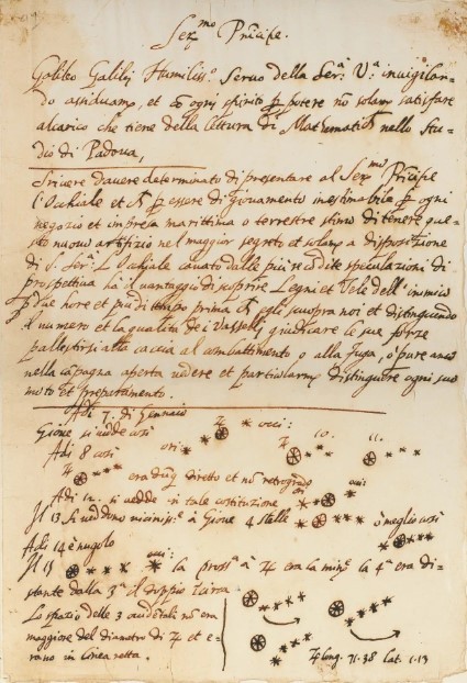 Supostas anotações feitas por Galileu registrando a descoberta das quatro luas de Júpiter (Foto: Reprodução/Universidade de Michigan)