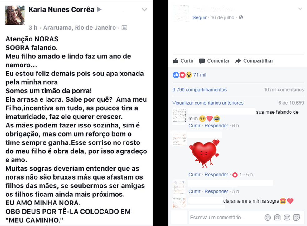 Karla Nunes, professora de Araruama, RJ, se declarou para nora em texto publicado em rede social (Foto: Reprodução/Facebook)