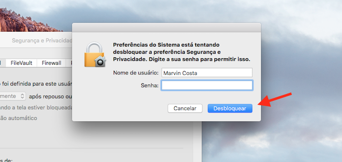 Desbloqueando as configurações de segurança com o login de administrador do Mac (Foto: Reprodução/Marvin Costa)