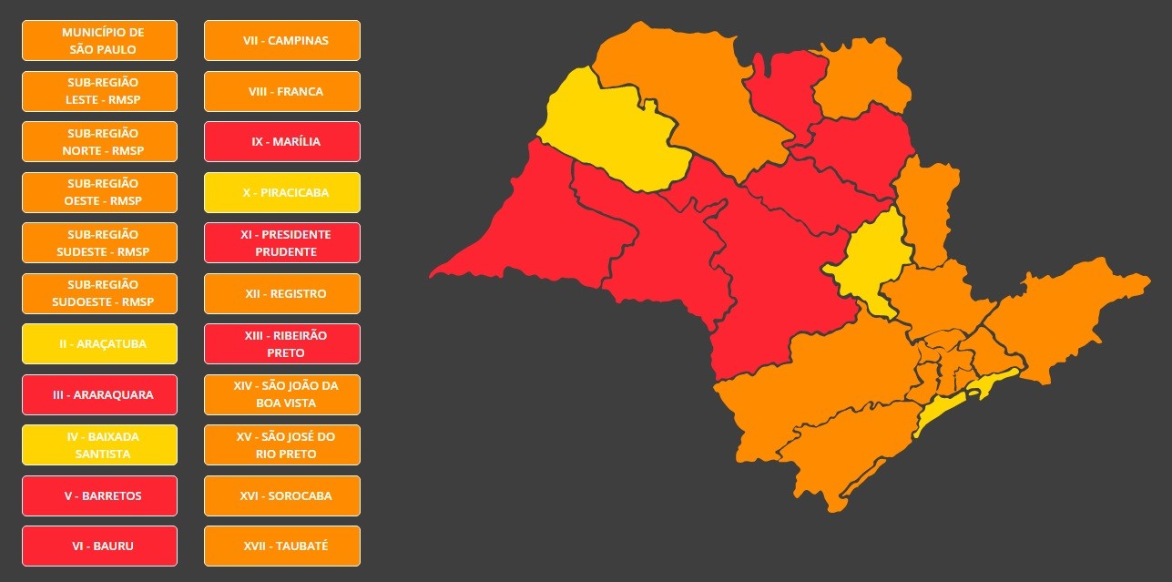 Mapa mostra cidades que estão na fase vermelha, laranja e amarela em SP (Foto: Reprodução/Governo do Estado de São Paulo)