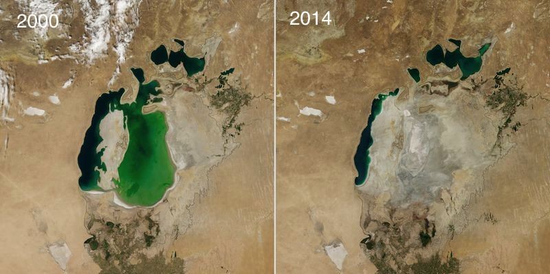 O Mar de Aral, entre o Cazaquistão e o Uzbequistão, já foi o quarto maior lago do mundo. Hoje, está quase desaparecido. Nos anos 60, a União Soviética desviou os rios Syr Darya e Amu Darya, que desaguavam no Mar de Aral, para usar a água nos campos de pro (Foto: Reprodução)