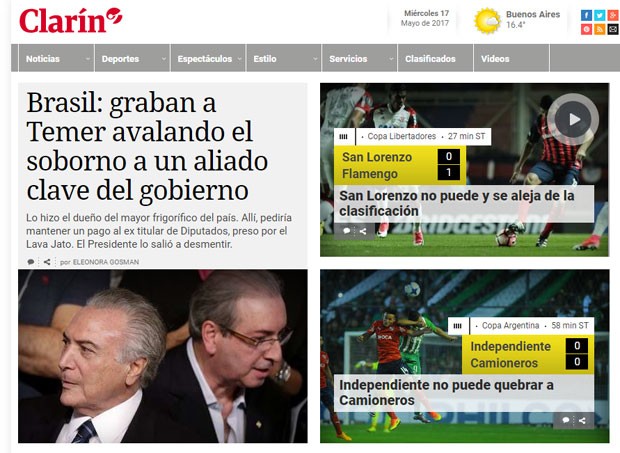 Site do Clarín: JBS e Michel Temer em destaque (Foto: Reprodução/Clarín)