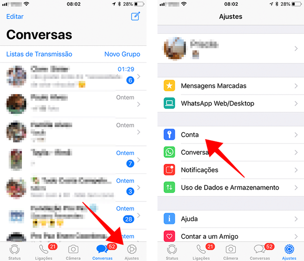 Acesse as configurações de conta do WhatsApp para iPhone (Foto: Reprodução/Paulo Alves)