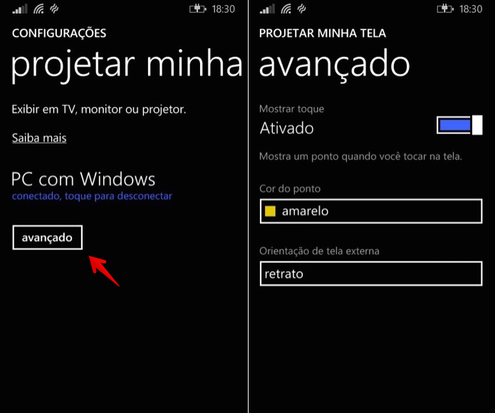 Ajustando configurações da projeção de tela do Windows Phone (Foto: Reprodução/Helito Bijora) 