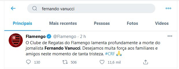 Flamengo lamenta morte de Fernando Vannucci (Foto: Reprodução/Twitter)