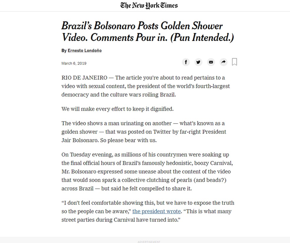 'New York Times' registrou que Bolsonaro divulgou vídeo com conteúdo pornográfico — Foto: Reprodução G1
