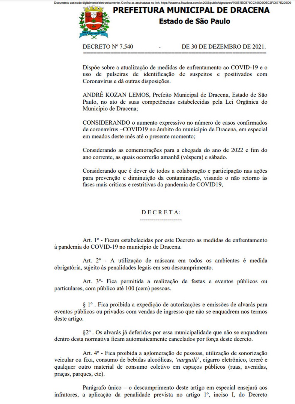 Dracena publicou novo decreto para enfrentamento à Covid-19 — Foto: Reprodução