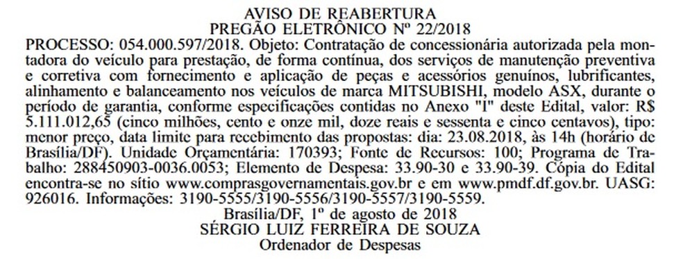 Aviso do pregão eletrônico para a contratação da concessionária que realizará manutenção dos carros da Polícia Militar do Distrito Federal (Foto: Diário Oficial do Distrito Federal/Reprodução)