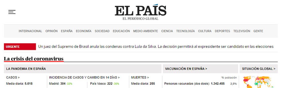 Site do espanhol 'El País' noticiou anulação de condenações de Lula como urgente — Foto: Reprodução/El País