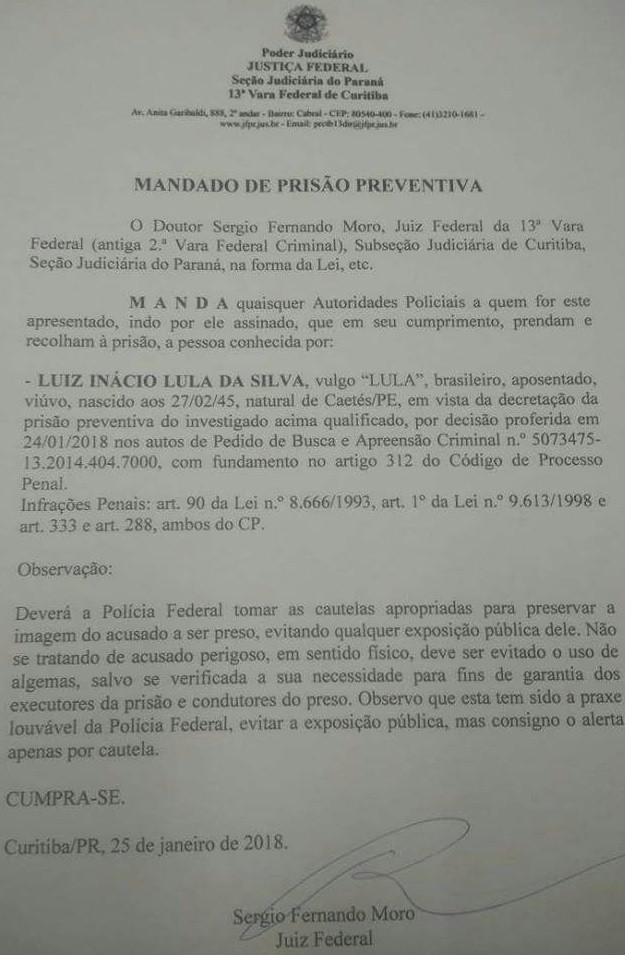 Documento supostamente emitido pelo juiz Sergio Moro que pede a prisão de Lula é falso