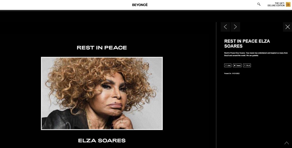 Beyoncé presta homenagem a Elza Soares em site oficial: 'Descanse em paz' — Foto: Reprodução/Instagram