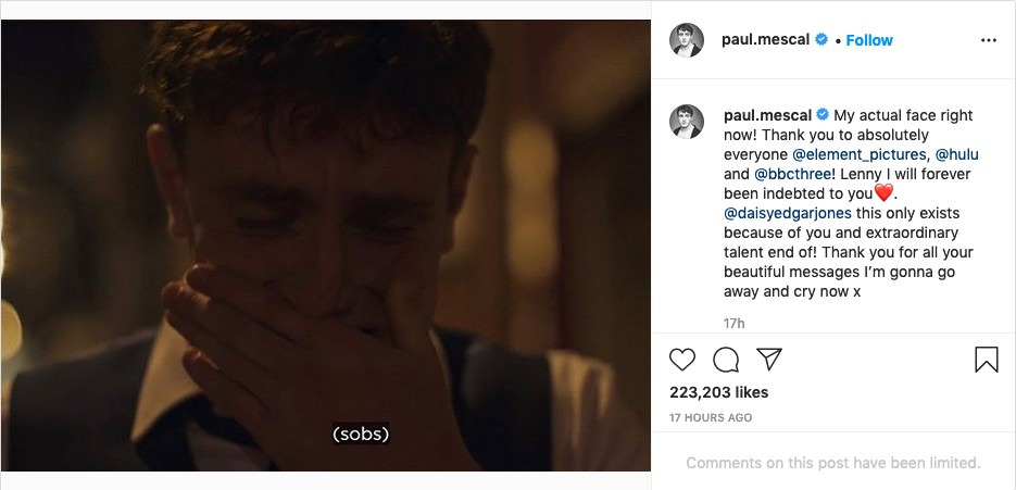 O post de Paul Mescal celebrando sua indicação ao Emmy e dedicando a nomeação à colega de elenco Daisy Edgar-Jones, seu pa romântico em Normal People (Foto: Instagram)