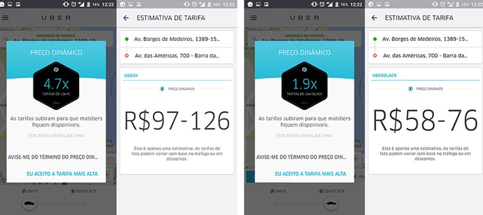 Preço dinâmico pode tornar Uber Black (à direita) mais vantajoso que o econômico UberX (à esquerda) (Foto: Reprodução/Elson de Souza)
