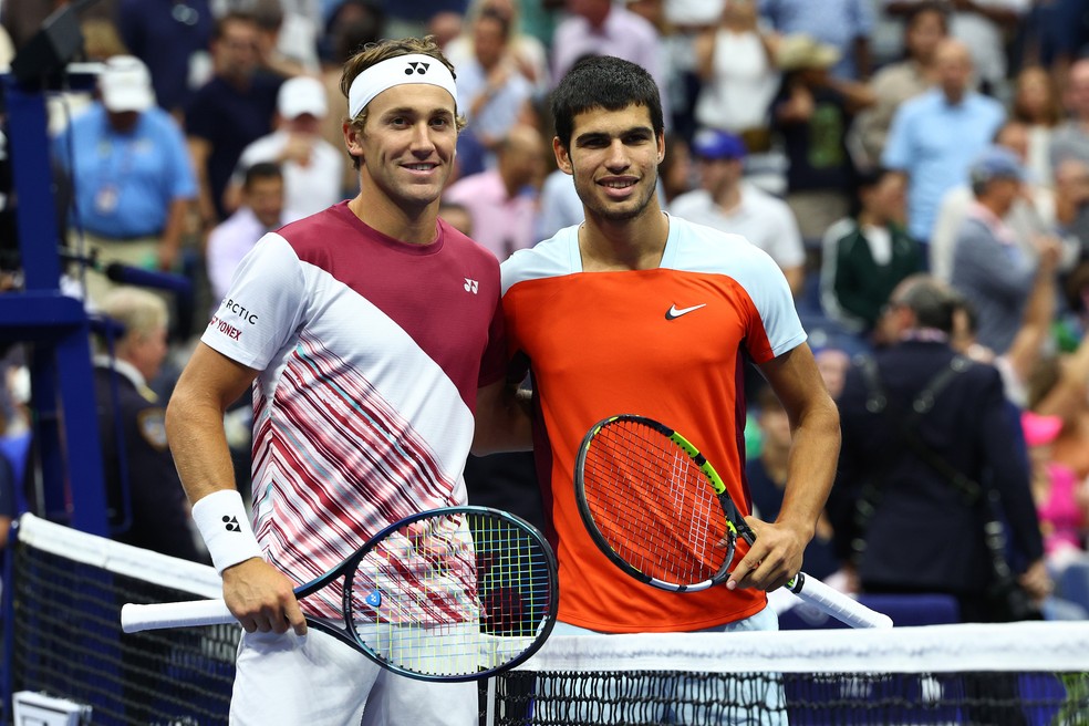 Ruud e Alcaraz na final do US Open — Foto: Elsa/Getty Images