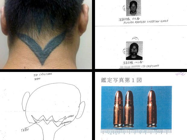 Do alto à esquerda para a direita, em sentido horário: tatuagem; fotos e nomes dos réus; projéteis de arma usada para matar em Tóquio; desenho de testemunha sobre tatuagem (Foto: Reprodução / Divulgação)