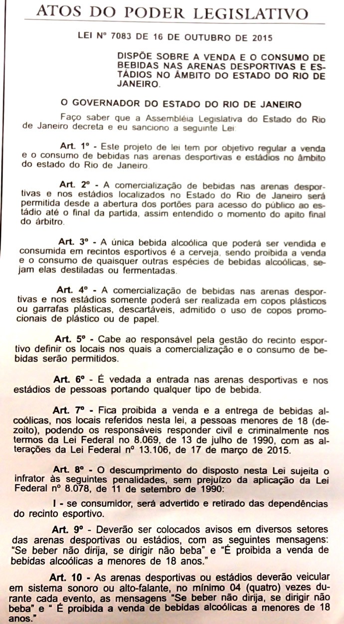 Lei é publicada, e jogo do Flu na quarta no Maracanã já poderá ter venda de cerveja